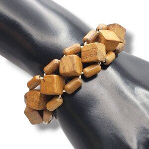 Brown Wood Cube Cylinder Bead Stretch Bracelet Retro Geometric